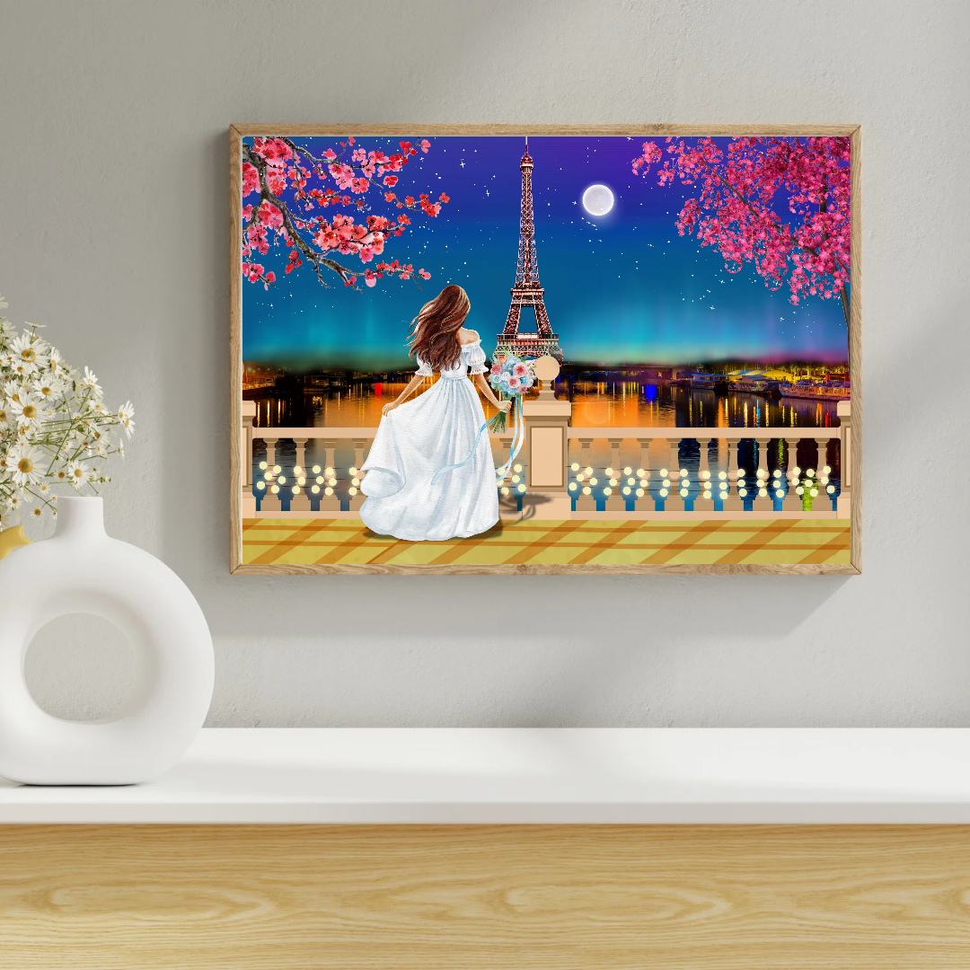 Eiffel Tower Paris Art, Cherry Blossom Moonlit Landscape (Digital Download)