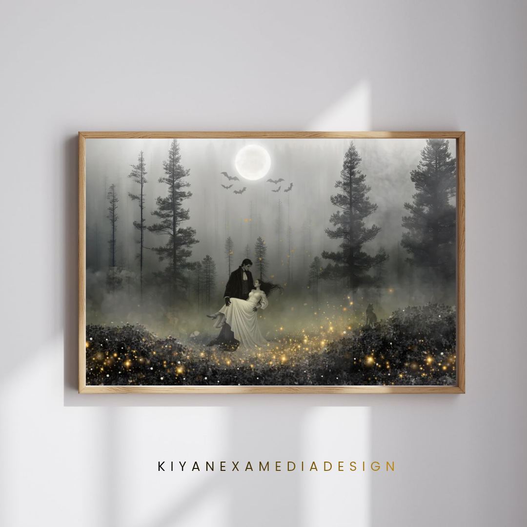 Gothic Vampire Couple Moonlight Forest Art , Dark Romance Wall Decor (Digital Download)