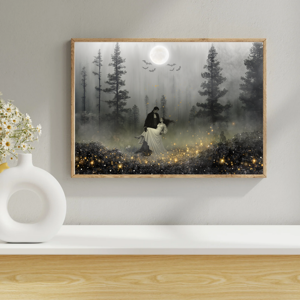 Gothic Vampire Couple Moonlight Forest Art , Dark Romance Wall Decor (Digital Download)