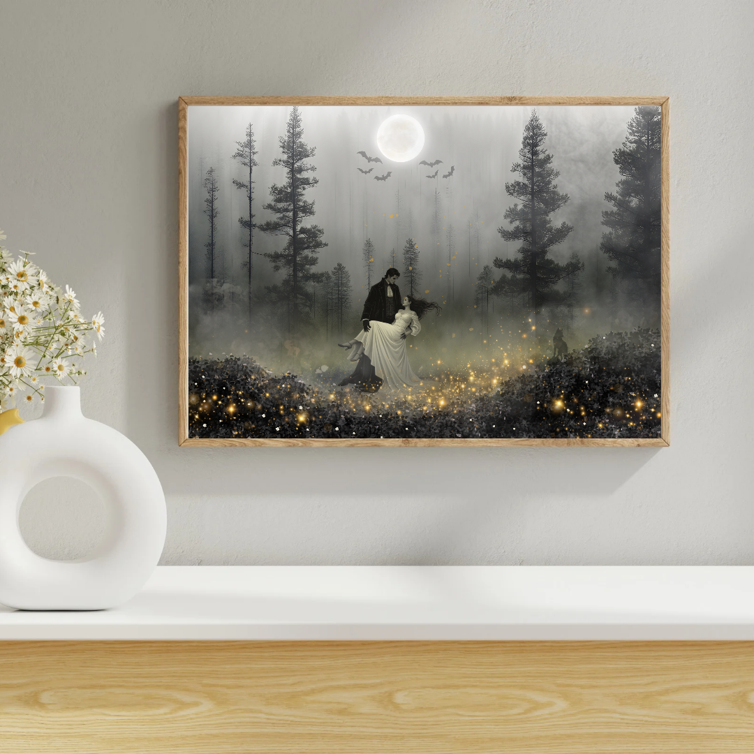 Gothic Vampire Couple Moonlight Forest Art , Dark Romance Wall Decor (Digital Download)