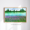 Morning Calm on Emerald Lake | Misty Forest & Wildflower Meadow | Printable Landscape Wall Art