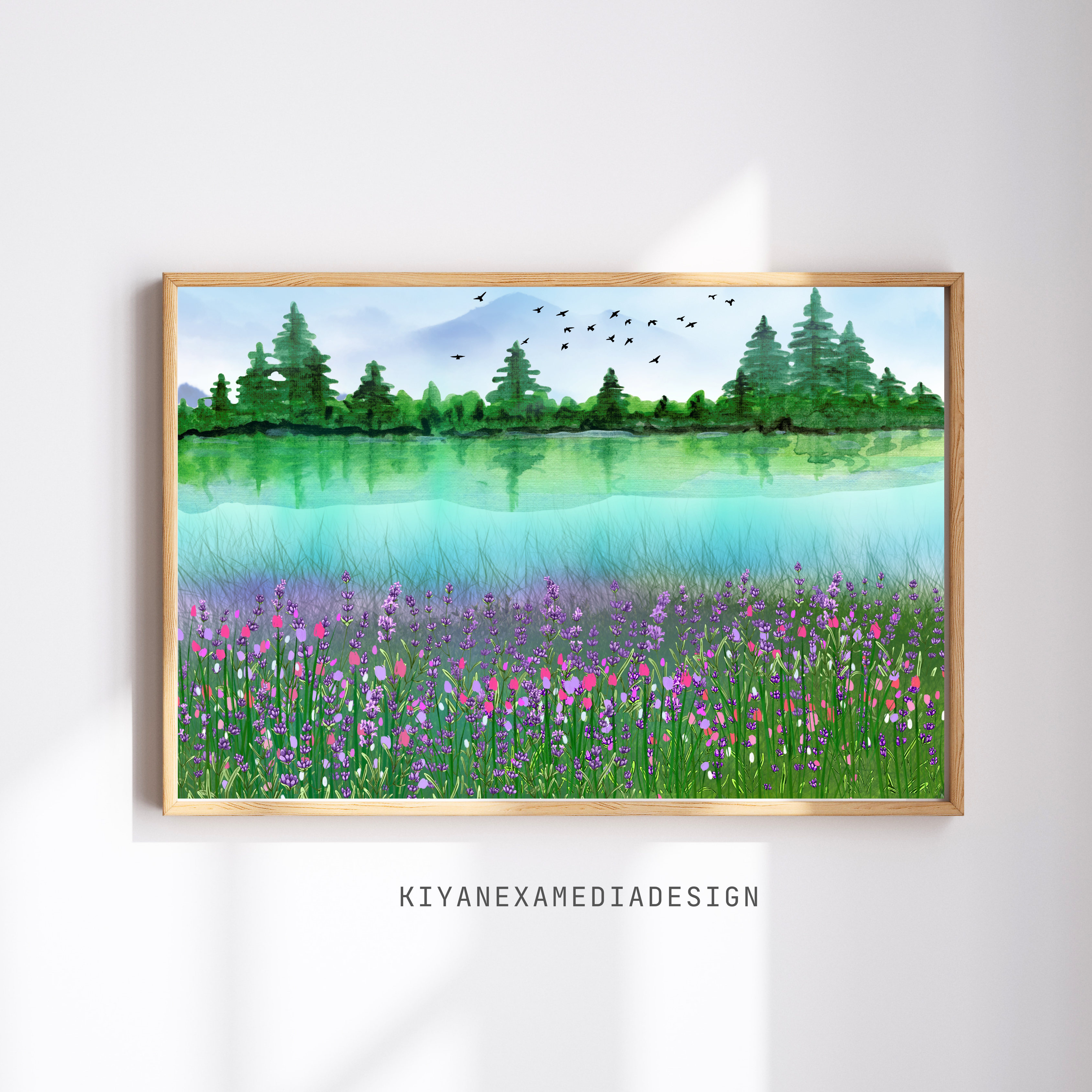 Morning Calm on Emerald Lake | Misty Forest & Wildflower Meadow | Printable Landscape Wall Art