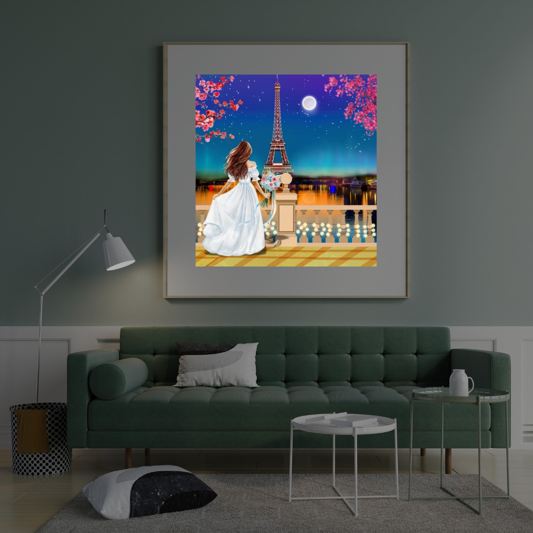 Eiffel Tower Paris Art, Cherry Blossom Moonlit Landscape (Digital Download)