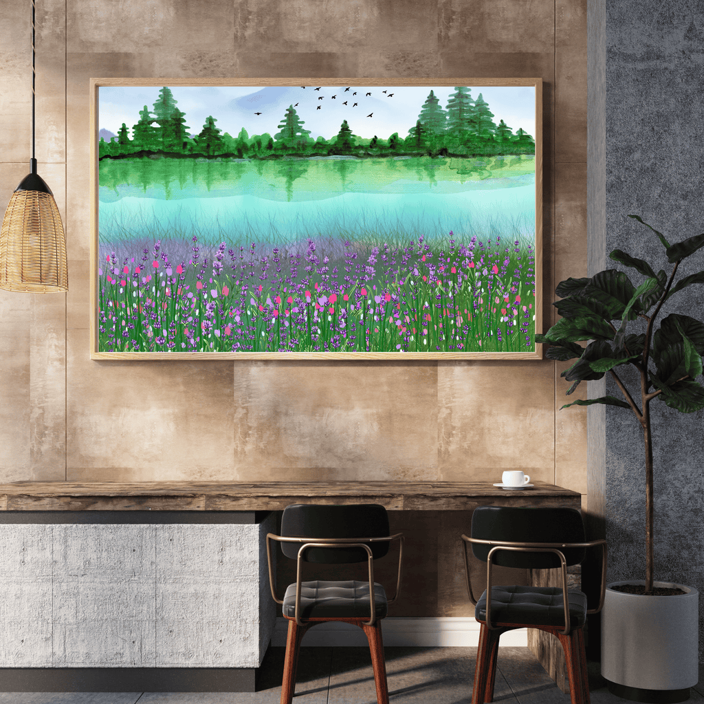 Morning Calm on Emerald Lake | Misty Forest & Wildflower Meadow | Printable Landscape Wall Art