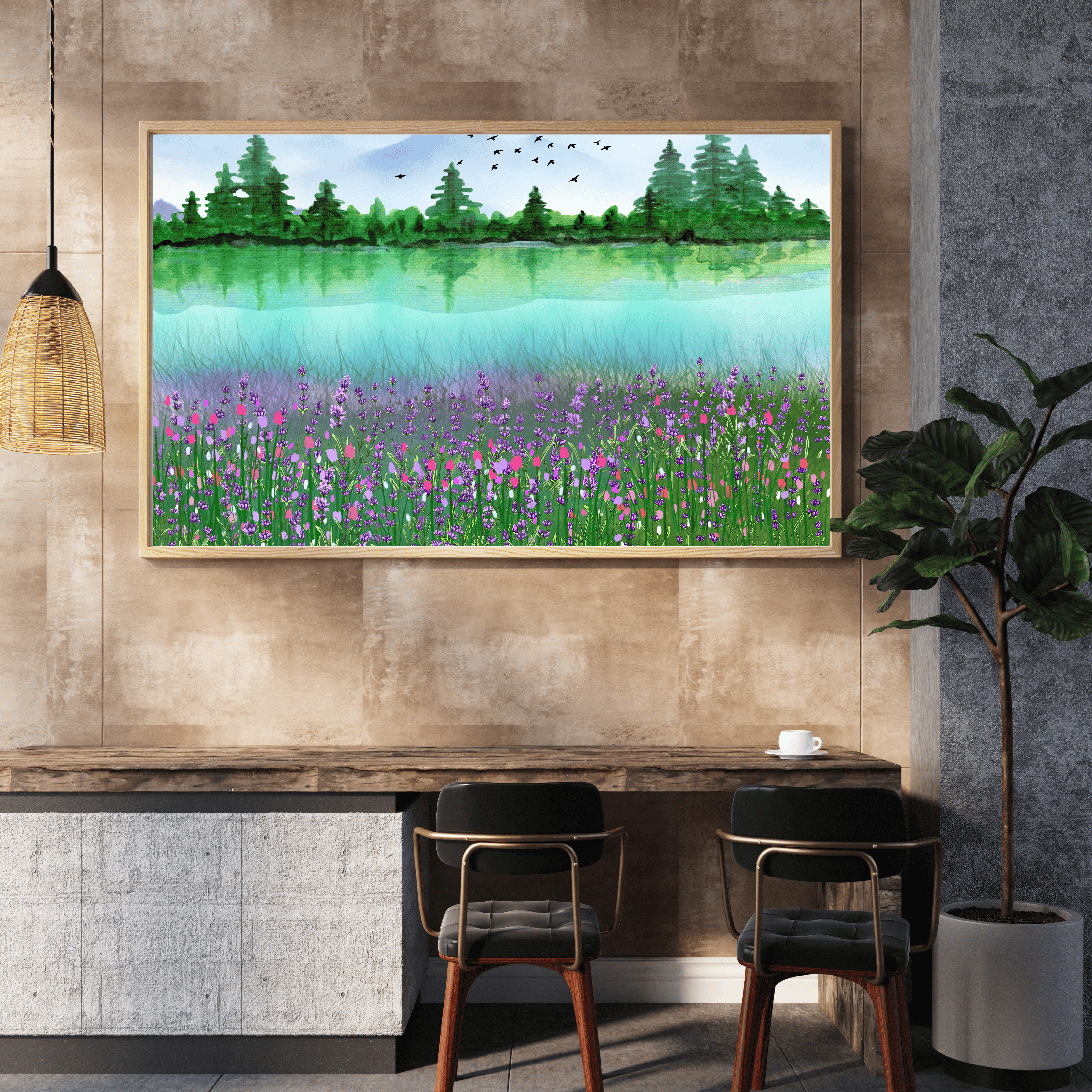 Morning Calm on Emerald Lake | Misty Forest & Wildflower Meadow | Printable Landscape Wall Art