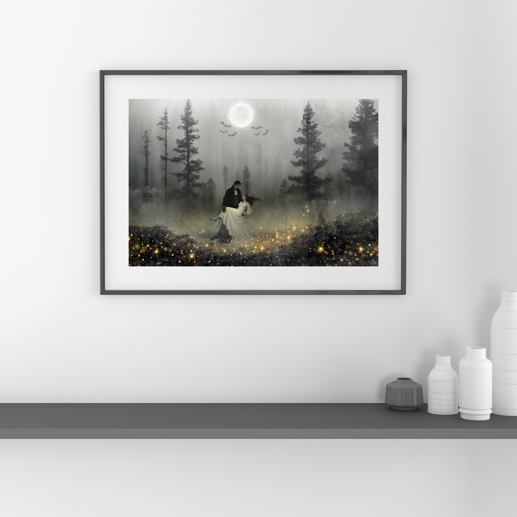 Gothic Vampire Couple Moonlight Forest Art , Dark Romance Wall Decor (Digital Download)