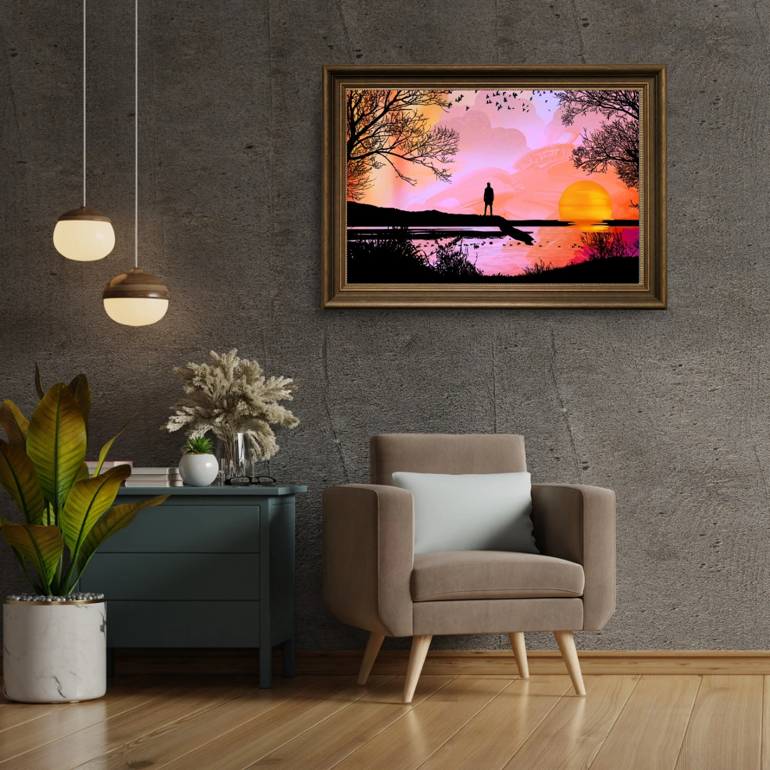 Sunset Lake Wall Art | Pink Silhouette Landscape Print (Digital Download)