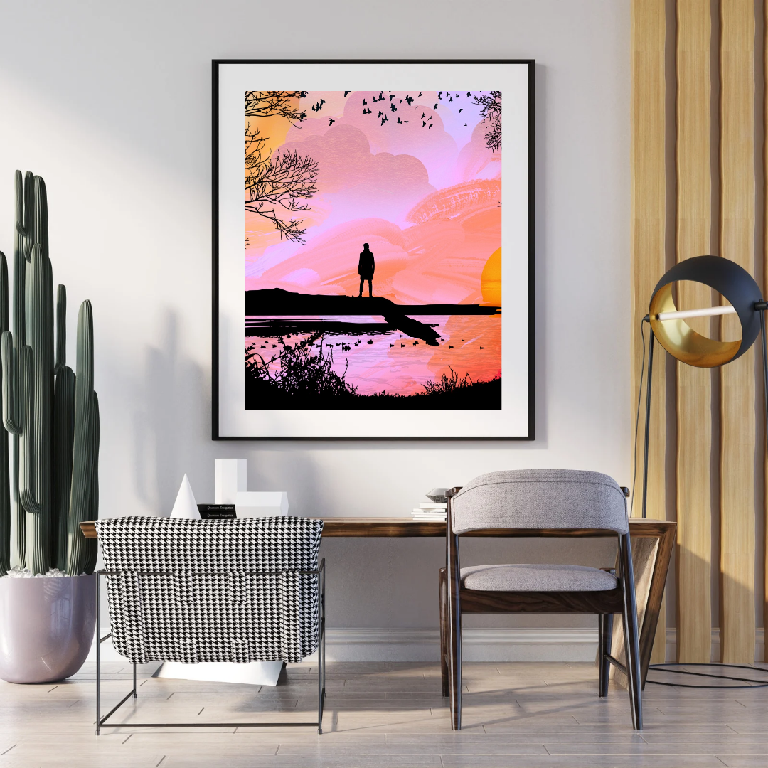 Sunset Lake Wall Art | Pink Silhouette Landscape Print (Digital Download)
