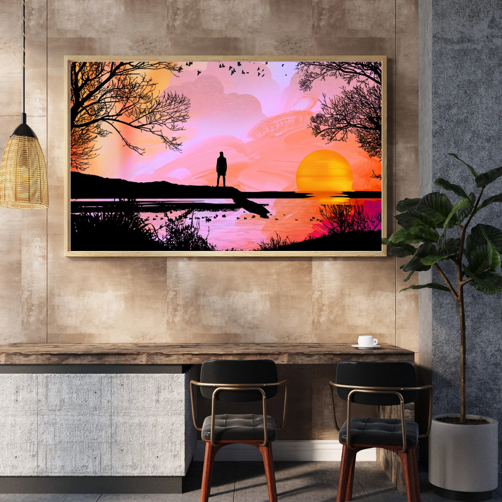 Sunset Lake Wall Art | Pink Silhouette Landscape Print (Digital Download)