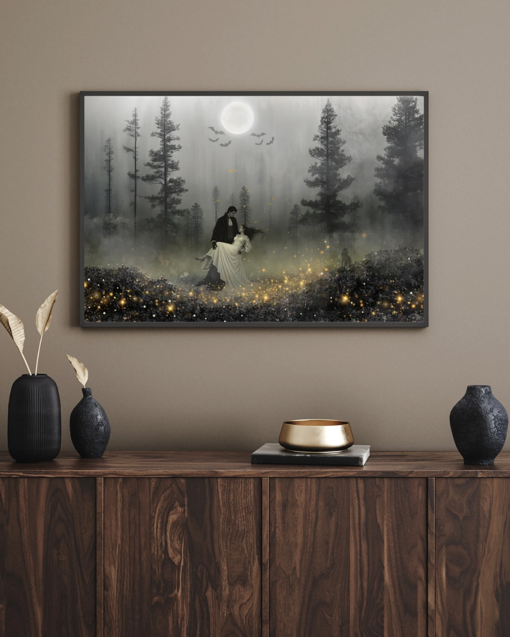 Gothic Vampire Couple Moonlight Forest Art , Dark Romance Wall Decor (Digital Download)