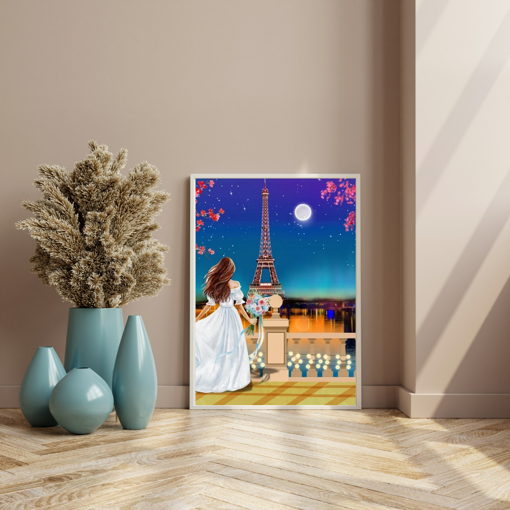 Eiffel Tower Paris Art, Cherry Blossom Moonlit Landscape (Digital Download)