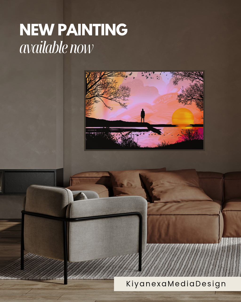 Sunset Lake Wall Art | Pink Silhouette Landscape Print (Digital Download)