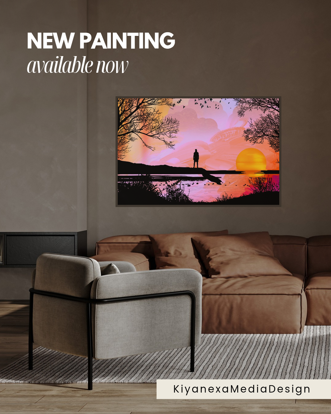 Sunset Lake Wall Art | Pink Silhouette Landscape Print (Digital Download)