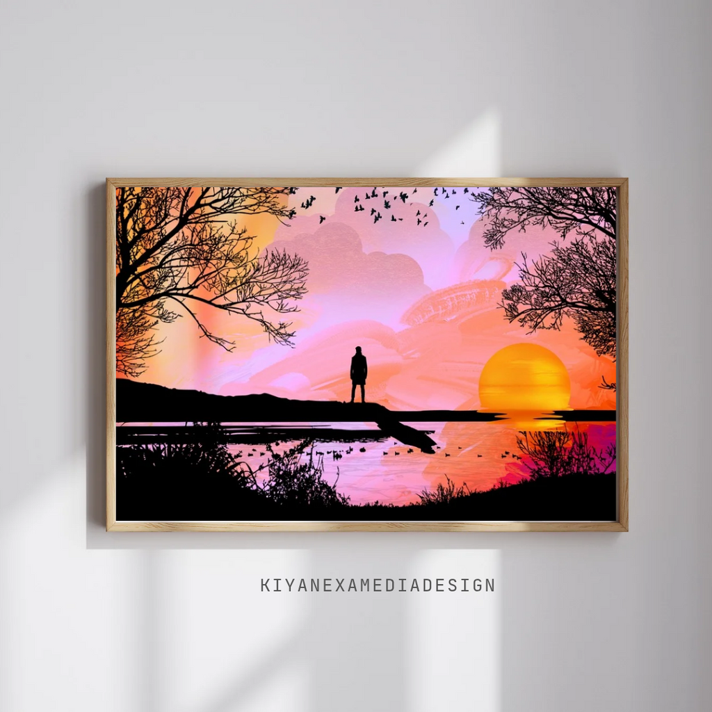 Sunset Lake Wall Art | Pink Silhouette Landscape Print (Digital Download)