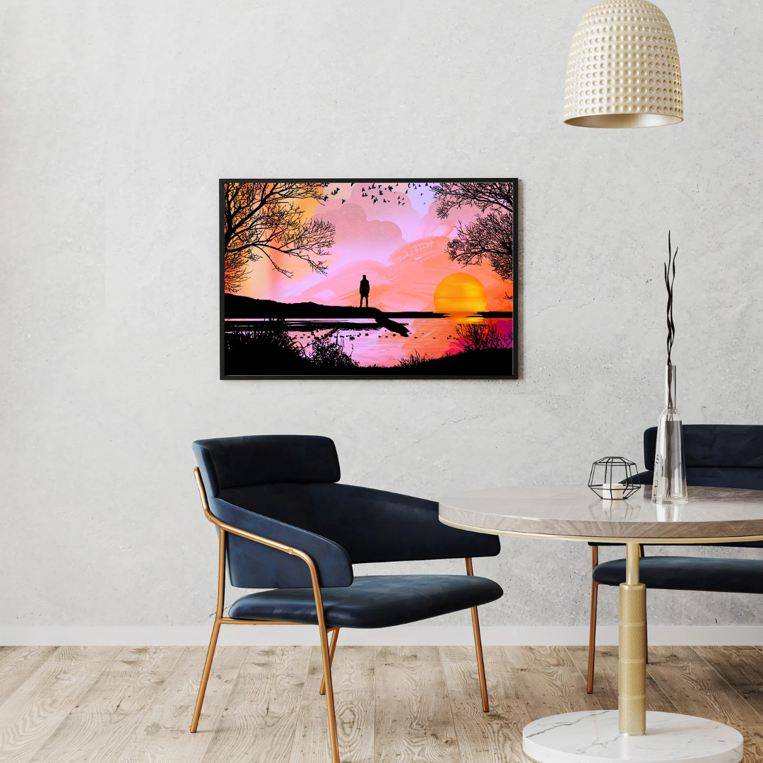 Sunset Lake Wall Art | Pink Silhouette Landscape Print (Digital Download)