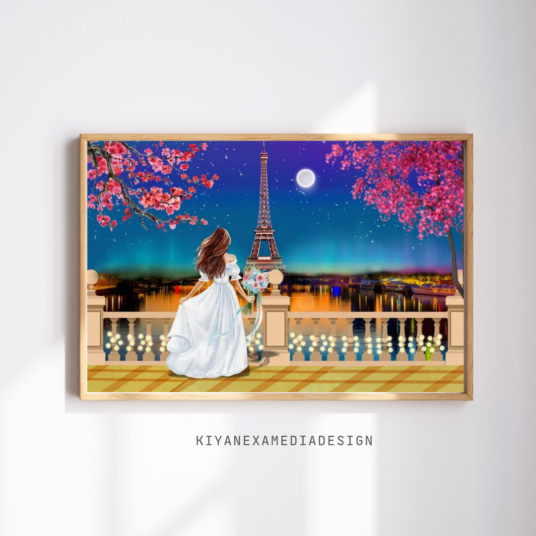 Eiffel Tower Paris Art, Cherry Blossom Moonlit Landscape (Digital Download)