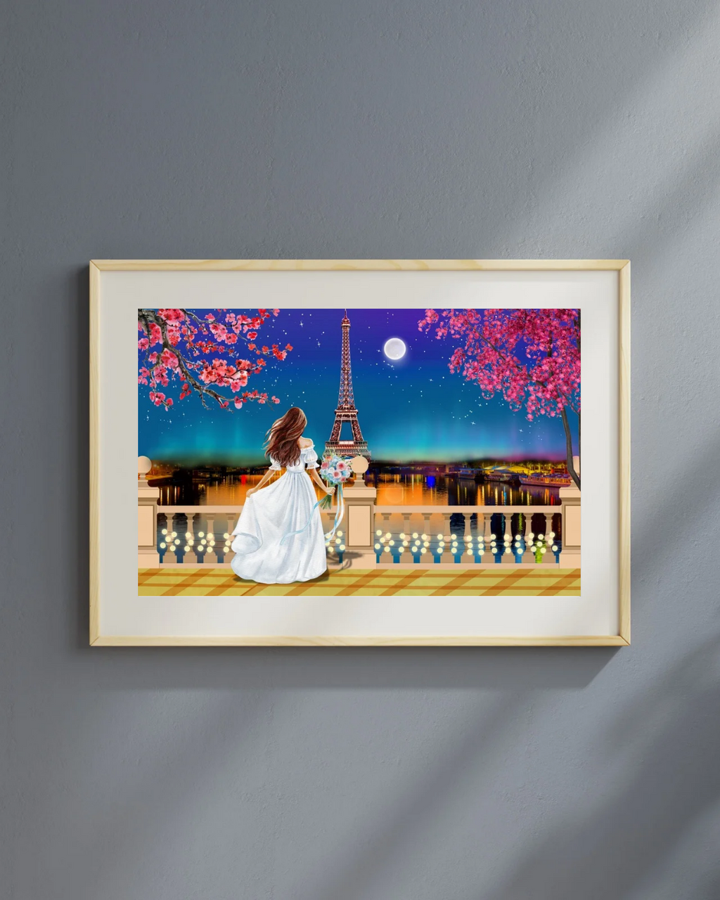 Eiffel Tower Paris Art, Cherry Blossom Moonlit Landscape (Digital Download)