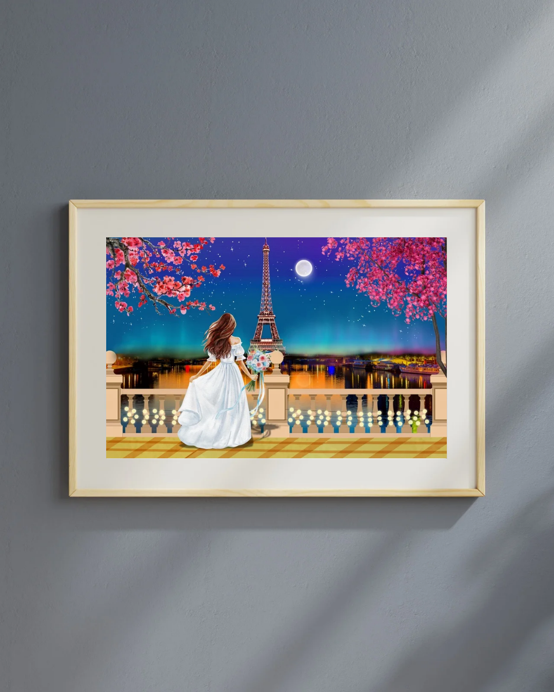 Eiffel Tower Paris Art, Cherry Blossom Moonlit Landscape (Digital Download)
