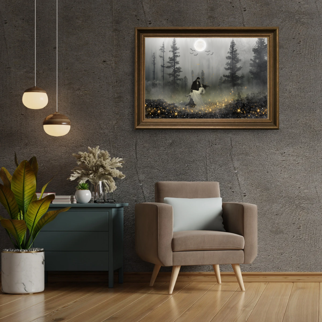 Gothic Vampire Couple Moonlight Forest Art , Dark Romance Wall Decor (Digital Download)